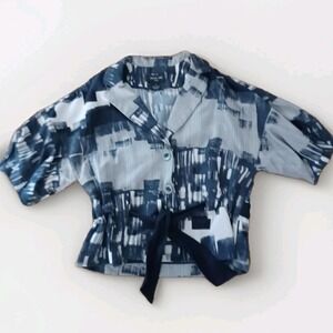 VTG Focus 2000 Women Top Blouse Size 12P Graphic Art Y2K Navy Puff Sleeve 90s‎